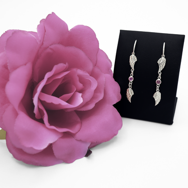 Sterling Silver Angel Wing Earrings with Rhodolite Garnet